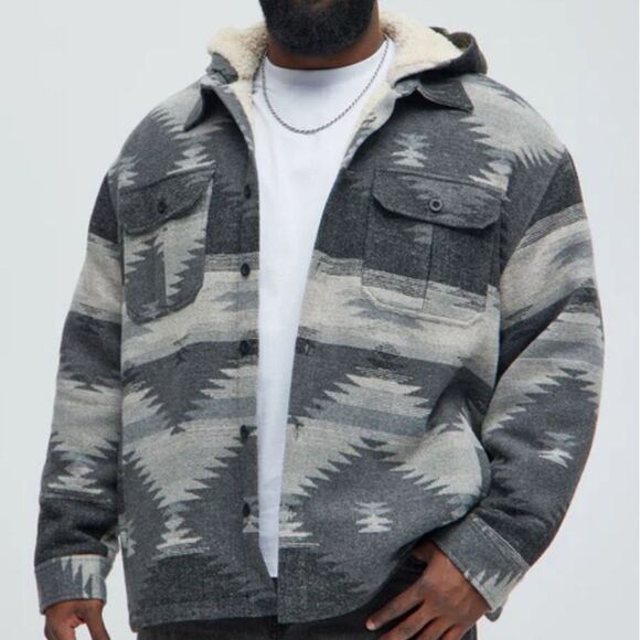 Mens Lightweight Hooded Sherpa Print Shacket -C - Picture 3 of 6